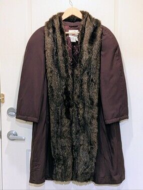 EUC 80s Mondi 36 Chocolate Brown Insulated Swing Coat with Faux Fur Collar
